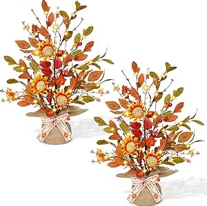 [ 2 Pack & Timer ] Fall Thanksgiving Decor - 18 Inch Prelit Fall Maple Tree with Lights, Artificial Fall Lighted Tree Battery Operated Sunflowers Pumpkins Fall Autumn Harvest Indoor Home Table Decor