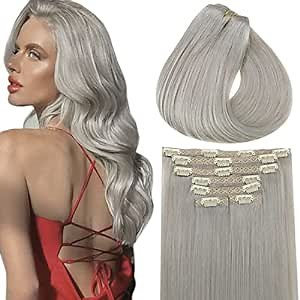 24 Inch 140g Grey Human Hair Clip in Hair Extensions Long Straight Hair Clip ins Women Silver Clip in Real Human Hair Extensions 7pcs/set