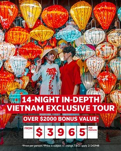 Discover in-depth Vietnam with Flight Centre Tours & get OVER $2000* BONUS VALUE! 😍 Guaranteed authentic experiences, pre-booked activities, & insider access. 🎎 ✅ 14-night premium small group tour departing Ho Chi Minh City ✅ Stay 11 nights in hotels, 1 night Mai Chau Ecolodge & 1 night Halong Bay cruise ✅ 13 breakfasts, 4 lunches & 4 dinners included ✅ Return international flights Hanoi to Ho Chi Minh City domestic flights included ✅ Cruise limestone karsts & caves of Halong & Lan Ha Bay ✅ Ex