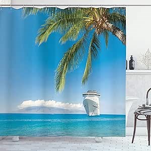 Ambesonne Nautical Shower Curtain, Large Cruise Ship Heads to The Tropical and Sandy Beach an Exotic Panorama Coastal Theme, Cloth Fabric Bathroom Decor Set with Hooks, 69" W x 84" L, Turquoise Green