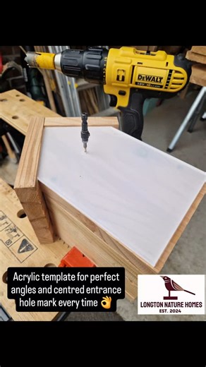 Little details help the workflow so much! This acrylic template allows angles to be repeat cut exactly right each time and get a perfectly centred entrance hole mark readyxfor drilling. #marginalgains #detail #accuracymatters #accurate #repeatable #workflow #woodworking #dewalttoolsuk #dewalttools #dewalt | Longton Nature Homes