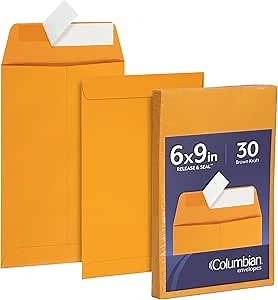 Columbian 6 x 9 Catalog Envelopes with Self Seal Closure, 28 lb Brown Kraft, for Mailing Small Paper, Photos & Greeting Cards, 30 Per Pack (COLO403)