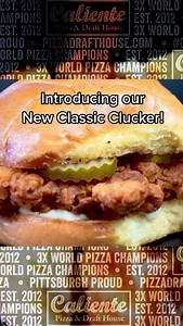Our NEW Classic Clucker, featuring our new pickle-brined, hand-breaded chicken breasts, mayo & crispy pickles on a toasted bun. Order online at worldsbestpizza.com! #chickensandwich #handbreadedchicken #friedchicken #chicken #calientepizza | Caliente Pizza & Drafthouse