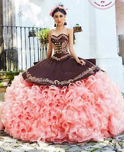 [Hot Item] Sweetheart Ball Gowns Ragazza Organza Ruffles Coffee Pink Quinceanera Dresses Z3016