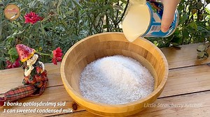 3-minutes coconut cake recipe! Tasty and quick cake recipe! Ingredients: 1)1 can sweeted condensed milk 2)4 eggs 3)1,5 cups milk 4)2,5 cups grated coconut 🥛Cup size : 200 ml | Little Strawberry Kitchen