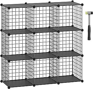 HUBSON Wire Cube Storage Organizer, Book/Toy/Craft/Potted Plants and petCloset Organizers and Storage Shelves, 9-Cube Freely Combinable Metal Grids Storage Shelf,Black Plus Iron
