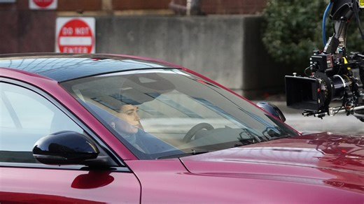 Actress Emily Blunt works with crews on set at White Plains film shoot