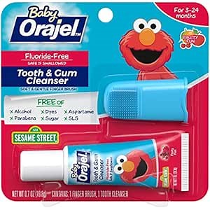 Orajel Elmo Fluoride-Free Tooth & Gum Cleanser with Finger Brush, Combo Pack, Fruity Fun Flavored Non-Fluoride, 0.7 oz.
