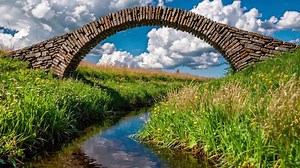 Download Stone Arch Bridge Over Stream Footage in Scenic Landscape for free