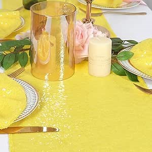 ShinyBeauty Yellow Sequin Table Runner - 12x108 Inch Glitter Table Cloth for Baby Showers, Bridal Parties, Weddings & Round Tables