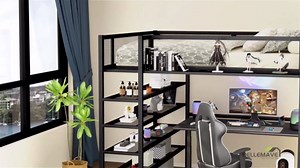 Bellemave Full Size Loft Bed with 4-Tier Shelves and Storage, Metal Bed with Bookshelf, Black