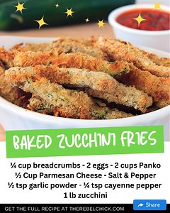 This Panko and Parmesan Baked Zucchini Fries Recipe is the best easy snacks recipe and makes for a great finger food for Kids Snacks! Get the recipe here: https://therebelchick.com/baked-zucchini-fries-recipe/ | The Rebel Chick | Facebook