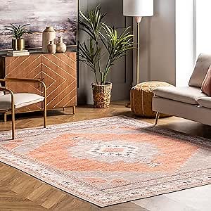 nuLOOM Alicia Machine Washable Medallion Area Rug, 4' x 6', Rust, Rectangular, 0.15" Thick