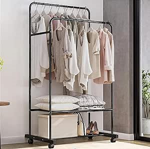 MOUTIK Double Rod Clothing Hanging Rack: Metal Rolling Garment Organizer Hanger with 2 Tier Storage Shelves - Industrial Rail Hang Clothes Display Stand on Wheels for Coat Dress Bedroom Black