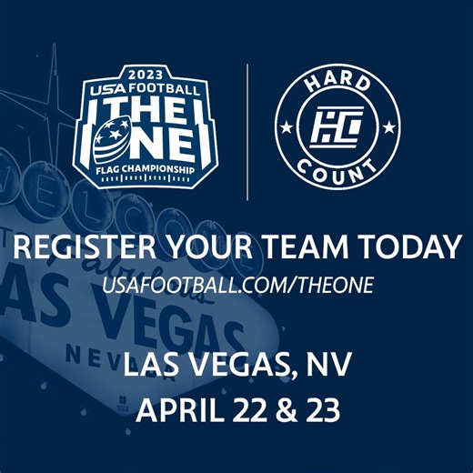Get ready for our Regional Qualifier at the Hard Count Athletics' Las Vegas tournament! 🚨 🗓️ April 22-23 📍 Las Vegas, NV 🏈 Divisions for boys & girls, 6U to 17U 📝 Register your team here: bit.ly/3zlXnQ4 13U-17U division winners receive full bids and 6U-12U division winners receive half bids to The One Flag Championship in July in Charlotte, NC. 🏆 #Leve1Up | USA Football