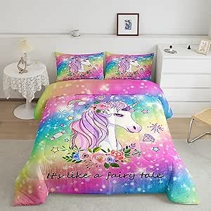Erosebridal Unicorn Duvet Insert Starry Sky Comforter Set for Kids Child,Cartoon Magical Animal Bedding Set Cute Dreamy Horse Quilt Queen,Princess Little Girls Rainbow Unicorn Decor Kawaii Room Decor