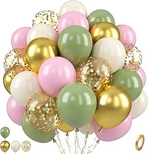 Paready Pink and Green Balloons, 50 PCS Sage Green Pink Balloons, 12 Inch Metallic Gold Confetti Avocado Green Sand White Balloons for Birthday Jungle Wedding Graduation Baby Shower Party Decorations