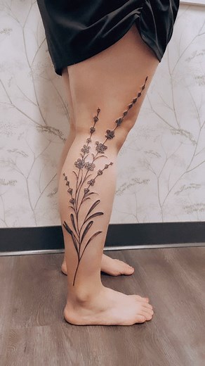 6.4K views · 137 reactions | Drawn on, long stem lavender for Miss Kylie  thank you so much!! #thepaintedlady #boisetattooers #floraltattoo #botanicaltattoo #ladytattooers #legtattoo #blackwork #naturetattoo | The Painted Lady | Facebook