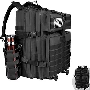 45L Large Military Tactical Backpack for Men, 3 Days Bug Out Bag Assault Pack with Adjustable Bottle Holder and Molle System, Outdoor Black Daypack Rucksack for Hunting Hiking Fishing