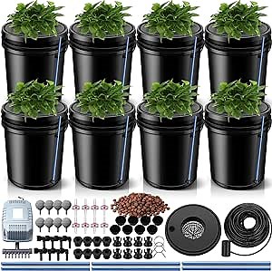 Hushee 8 Buckets DWC Hydroponic System 5 Gallon Deep Water Culture Growing Bucket Hydroponics Grow Kit with Pump Air Stone and Water Level Device for Indoor Outdoor Leafy Vegetables Herbs