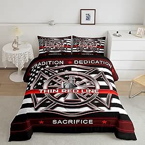 Fireman Logo Comforter for Boys Kids Girls American Flag Comforter Set Full Size Home Decor Soft Firefighter Fire Sign Bedding Set Red All Season Teens Bedroom Down Duvet,1 Comforter with 2 Pillowcase