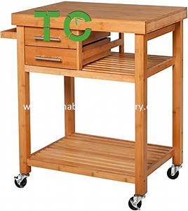 [Hot Item] Wholesale Bamboo Rolling Kitchen Island Trolley Utility Cart with 2 Storage Drawers Bamboo Kitchen Island Cart
