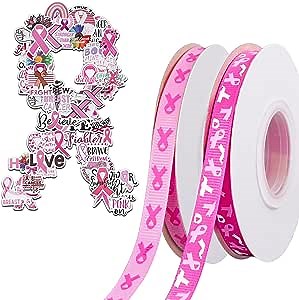 Breast Cancer Awareness Accessories, 40 Yards Grosgrain Ribbons, 50Pcs Breast Cancer Support Stickers for Ribbon Party Fundraiser DIY Wrapping