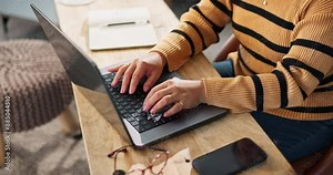 Woman, hands and copywriter with laptop in closeup for remote work, communication and planning at home. Female person, freelancer and computer for research, article feedback and email submission