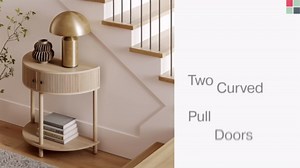 Fluted Half Moon Shaped Console Table, Small Entry Desk, Living Room Furniture, Modern Home Decor, Solid Wood Entryway Table with Two Doors and Black Knobs (Natural Oak)