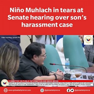 Actor-businessman Niño Muhlach became emotional during the Senate Committee on Public Information and Mass Media hearing on Wednesday, August 7. Muhlach recounted the traumatic experience of his son, Sandro Muhlach, who faced alleged sexual harassment by two GMA independent contractors. As he narrated the ordeal, he couldn't hold back tears, highlighting the severe impact on his family. Video courtesy: Senate PH | Global Daily Mirror