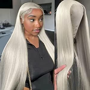 Platinum Blonde Colored Lace Front Wig Human Hair #60 Straight HD Transparent Lace Frontal Wigs Preplucked Wig for Girl 180% Density 13x4 Brazilian Remy Human Hair Wigs for Women 22inch