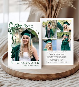 2026 Trendy Green Bow Ribbon Graduation Party Invitation Funky Whimsical Photo Card 5x7 Corjl Editable Template, Digital JPG PDF   Print POD - Etsy Canada