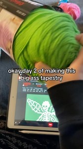 day 2 of crocheting this big ass tapestry that im tired of making and looks like 💩💚 #crochet #crochettapestry #tapestry #skeleton #halloween #brat #part2 | Giselle Crochetss