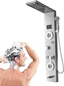 LED Shower Panel Tower System | 6-Function LED And Temperature Display - Bathtub Full Body Massage Jets, Powerful Massage Nozzle, Three Handheld Sprayers And Tub Spout Shower Panel