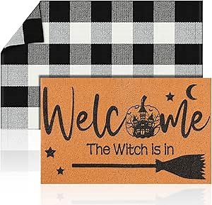Duraaamo 2 Pcs Halloween Welcome Doormat The Witch is in Doormat Layered Buffalo Plaid Porch Mats for Fall Thanksgiving Halloween Indoor Outdoors Decoration
