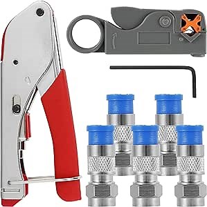 Coax Cable Crimper Tool Kit, Professional Coaxial Compression Tool Kit, Safe Coaxial Wire Stripper with 5 F Type RG6 Compression Connectors for RG59/RG59 Quad/RG6/RG6 Quad