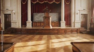 Grand Empty University Lecture Hall with Classic Stage and Podium for Presentations