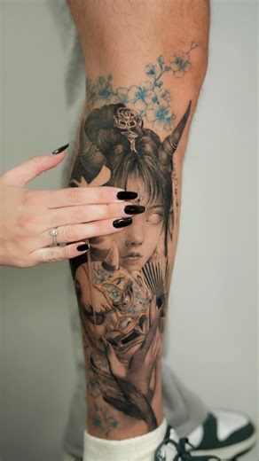 Microrealistic & Fine line tattoos | NYC on Instagram: "Healed Demon Mask ✨ A healed look at one of my favorite pieces — a porcelain-inspired geisha wearing her golden kintsugi demon mask. This reel shows how realism and ceramic textures settle into the skin: soft, luminous, and timeless. A reminder that even the strongest stories heal with grace. 💙✨ #healedtattoo #tattoo #geishatattoo"