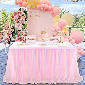 QueenDream Pink Tutu Table Skirts 14ft Colorful Tulle Table Skirt for Rectangle Tables for Baby Shower Birthday Party Wedding Decorations