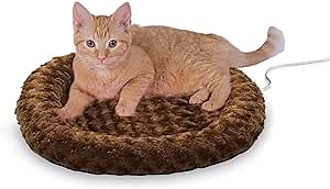 K&H Pet Products Thermo-Kitty Fashion Splash Indoor Heated Cat Bed, Heated Bed for Dogs or Cats with Removable Waterproof Heater Mocha Small 18 Inches Round