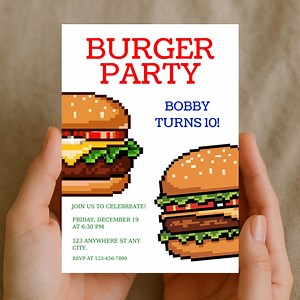 Faire-part d'anniversaire hamburger pixel rétro, invitation à une fête burger 8 bits, thème alimentaire rétro pour joueur, toile modifiable, anniversaire garçon téléchargement numérique - Etsy France