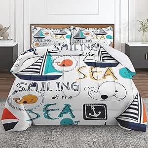 Sailboat Whale Boat Comforter Set Full Size, Cute Nautical Sea Soft Bedding Set with 2 Pillowcases for Girls Teens Kids Boys Adults Bedroom Bed Decor,1 Quilt 2 Pillow Cases