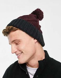 French Connection cable bobble two colour beanie hat in burgundy | ASOS