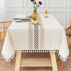 Linen Rectangle Table Cloth Waterproof Fabric Farmhouse Burlap Rustic Boho Embroidered Leaf Oblong Tablecloth for Party, Camping, Picnic, Kitchen and Dining Room Table Decor, 55 x 86 Inches, 6-8 Seats
