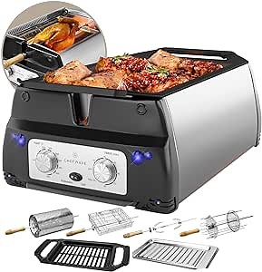 ChefWave Sosaku Smokeless Indoor Grill Removeable Plates Non-Stick Korean BBQ Electric Grill Indoor with Infrared Technology - Kebab Set, Fries Basket & Fish Cage, Rotisserie