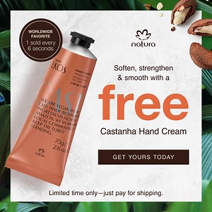 1.3K reactions · 199 shares | Indulge in this 100% vegan, 97% natural skin-loving hand cream, formulated with nourishing Castanha Oil and Murumuru Butter for deeply moisturized and smooth hands 李 Just pay for shipping and get a FREE full size Castanha Hand Cream – a worldwide bestseller. Claim your gift today! | Natura USA | Facebook