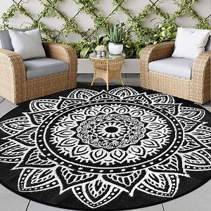 Aonewoe Round Outdoor Rugs 8ft Waterproof Patio Plastic Straw Rug Reversible Camping Carpet Indoor Outdoor Area Rug for Patio,Deck,Balcony,Picnic,Beach,Outside