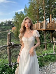 White Cottagecore Fairy Midi Dress Puff Sleeve Backless Romantic Flowy Chiffon Prom Gown Summer Elegant Square Neck A-line Picnic Partydress - Etsy Canada