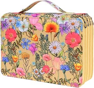 Vomgomfom 200 Slots Pencil Bag, 4-Layer Zipper Portable Art Supply Organizer, PU Leather Large Capacity Colored Pencil Case with Handle for 200 Watercolor Pens, Gel Pens (Yellow Flower)