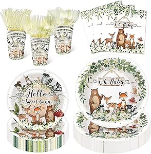 350 Pieces Woodland Baby Shower Decorations Set for 50 Guests, Forest Theme Party Supplies Tableware with Plates, Cups, Napkins, Disposable Tableware